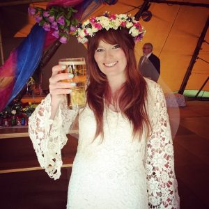 UK-boho-bride-wearing-ivory-crochet-lce-gown-on-wedding-day