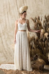 camelia silk two piece wedding dress crop top and skirt with train