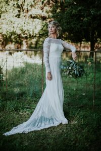 real-bride-Amanda-wearing-Lisa-backless-lace-dress
