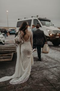 Bride-Noel-in -Iceland wearing-playful-dotted-vivienne-wedding-gown