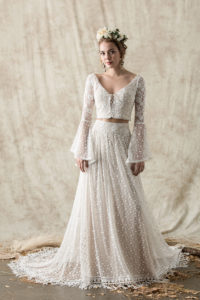 ophelia-two=piece-hippie-boho-wedding-dress-shown-with-the-bell-sleeve-top-in-contrasting-laces