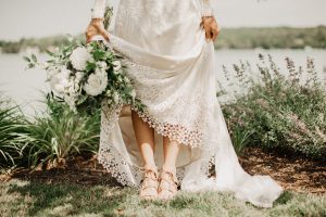 bride-styling-inspiration-nude-sandals-is-the-perfect-accessory-for-this-textured-lace-flowy-boho-wedding-dress