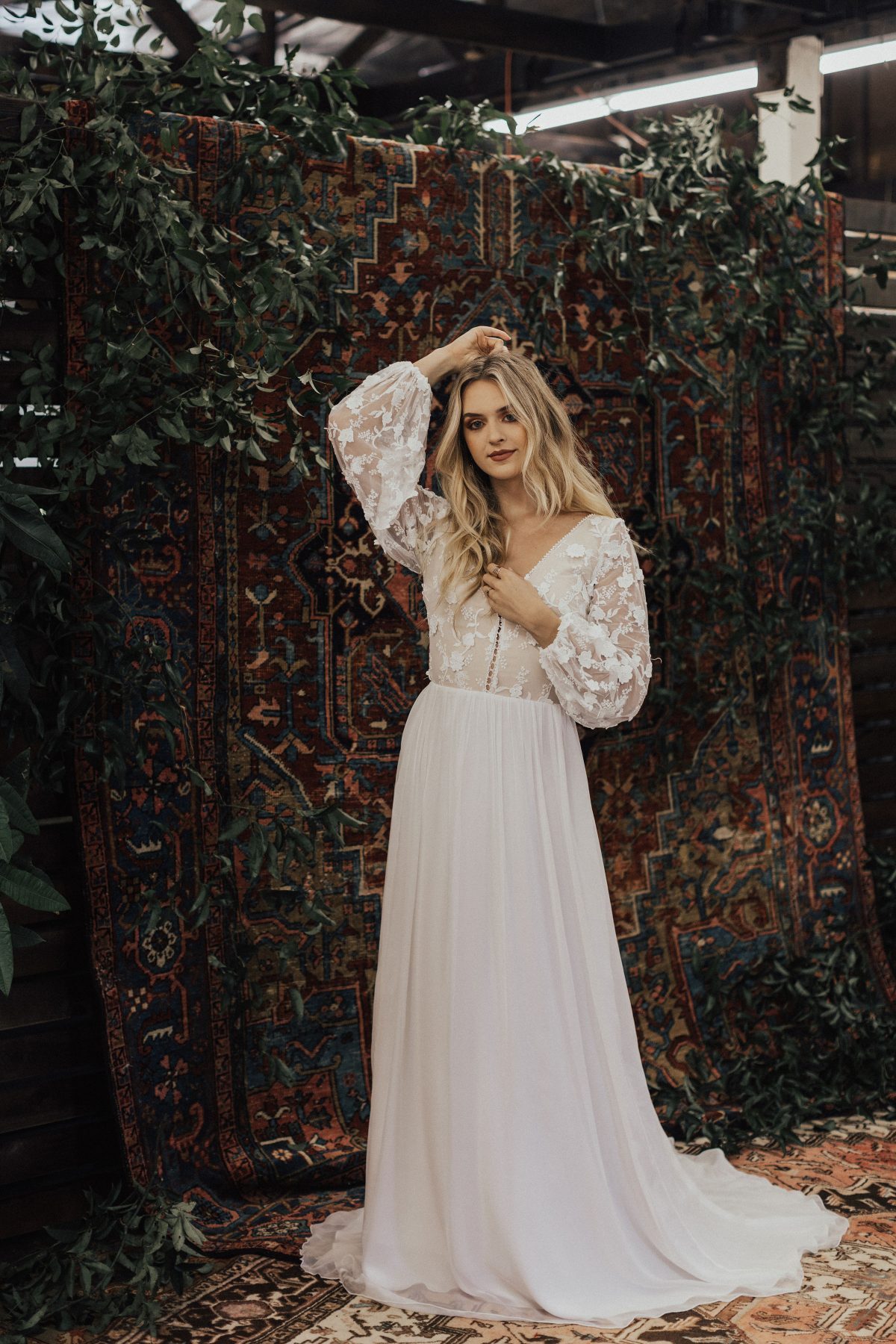 Romantic Boho Flowy Long Sleeve Lace Crop Top Bridal Separates with Chiffon  Skirt