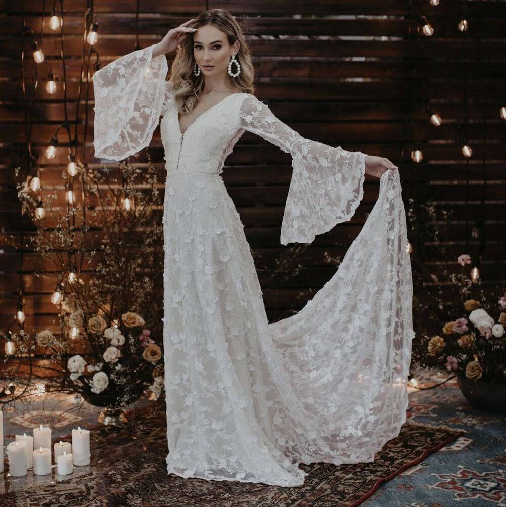 Dawn Boho Flowy Bell Sleeve Wedding Dress | Dreamers and Lovers