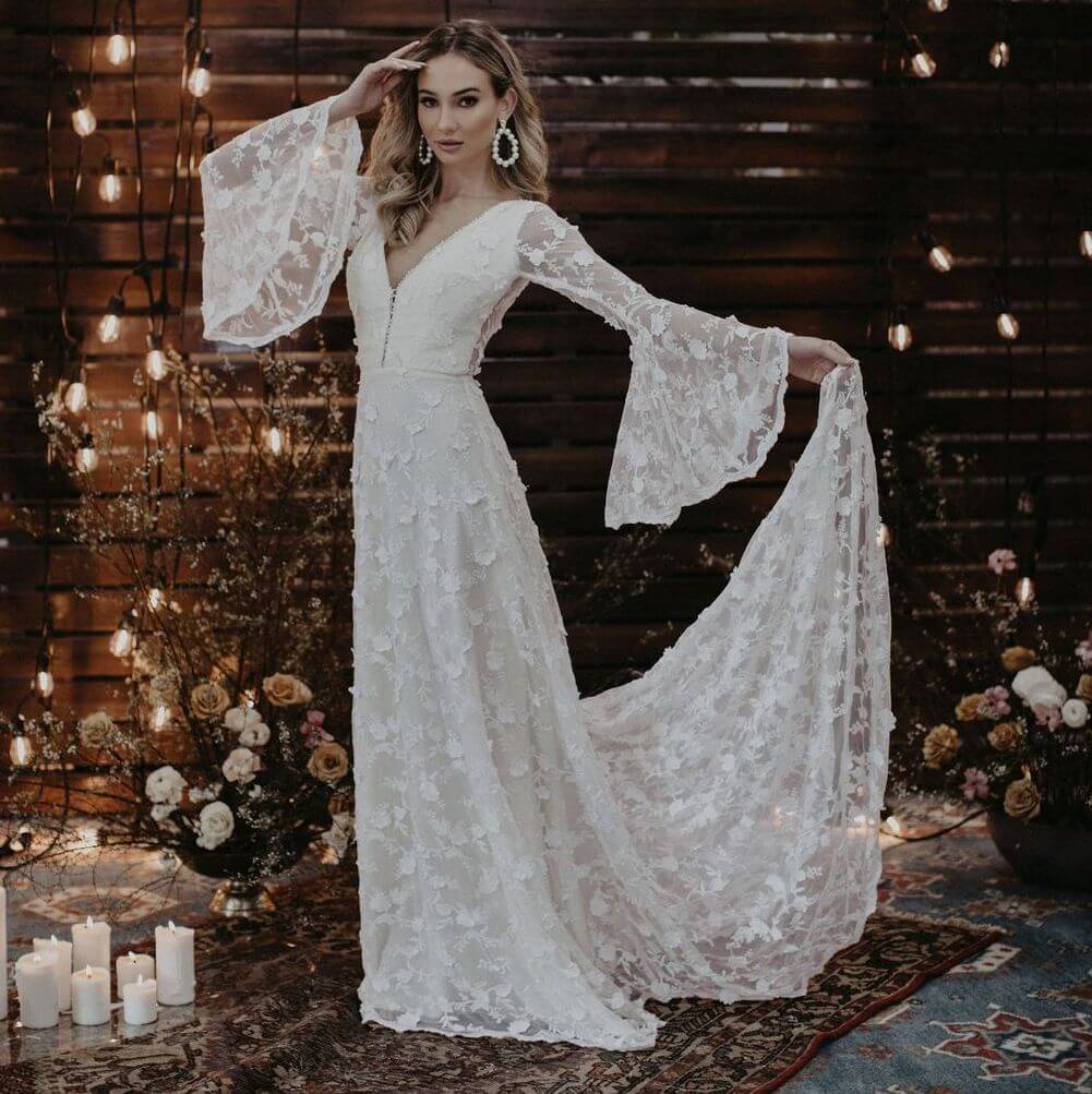 Dawn Boho Flowy Bell Sleeve Wedding Dress Dreamers And Lovers