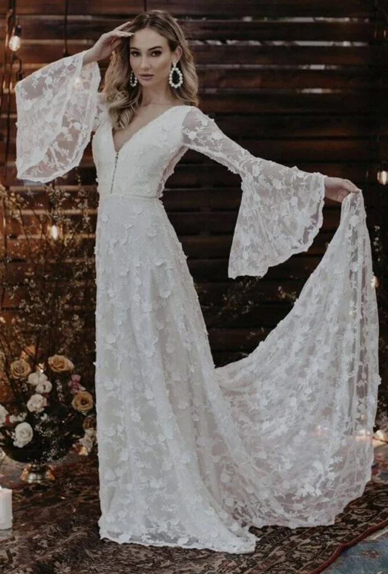 Sexy Modern Wedding Dress, Long Sleeve Wedding Dress, Lace Wedding Gown,  Lace Wedding Dress, Long Train Wedding Gown, Boho Wedding Dress -   Canada