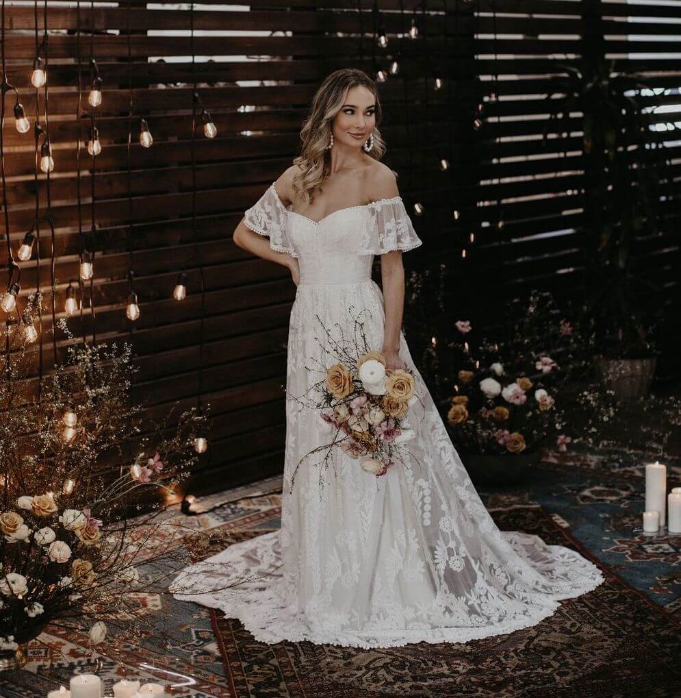 Desiree Boho Lace Off Shoulder Aline Wedding Dress Dreamers And Lovers