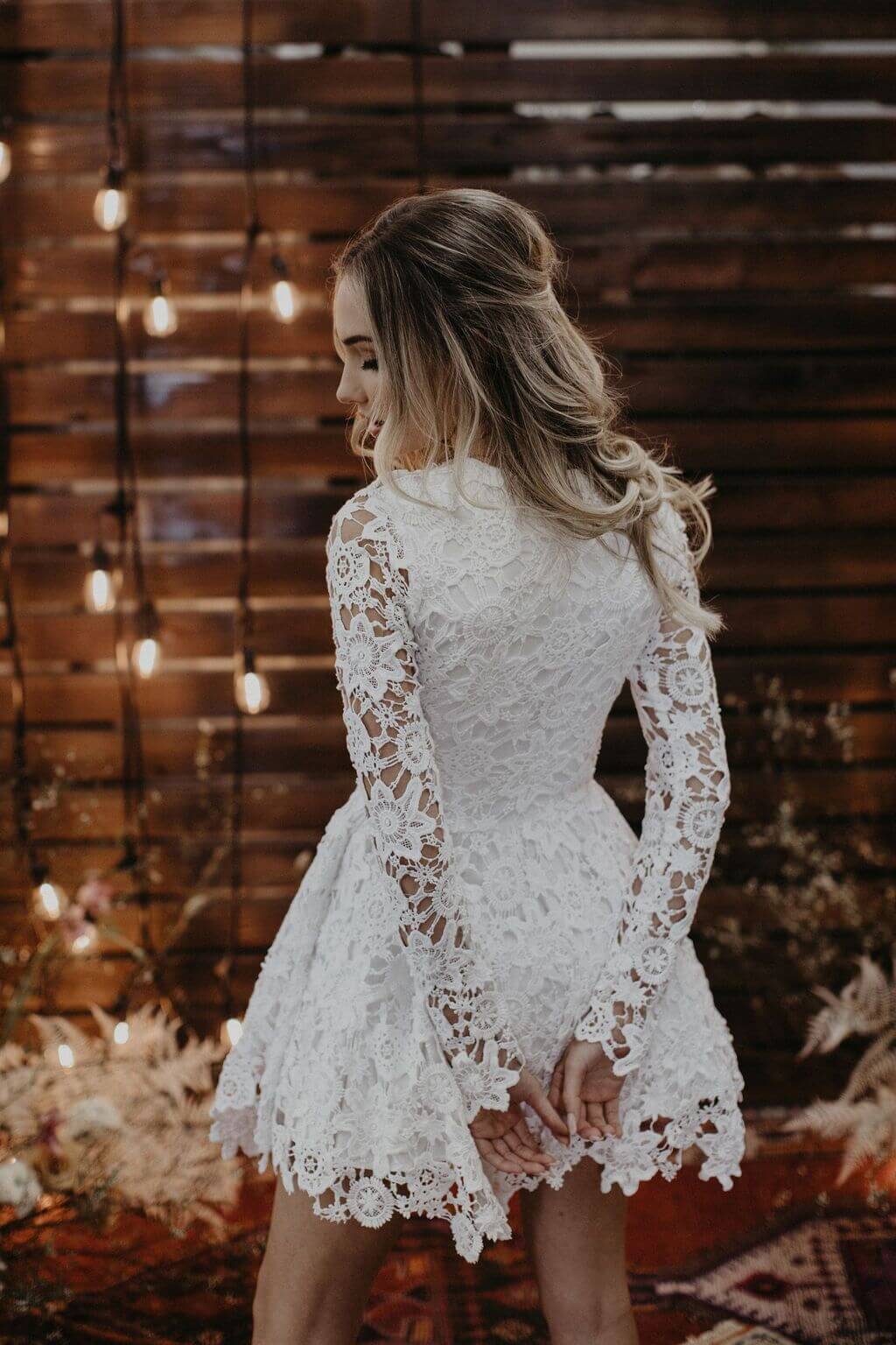Daniela Lace SHORT WEDDING DRESS. Ivory or White Crochet Lace Bohemian Wedding  Dress. Long Sleeves. Lace Reception Mini Dress. 